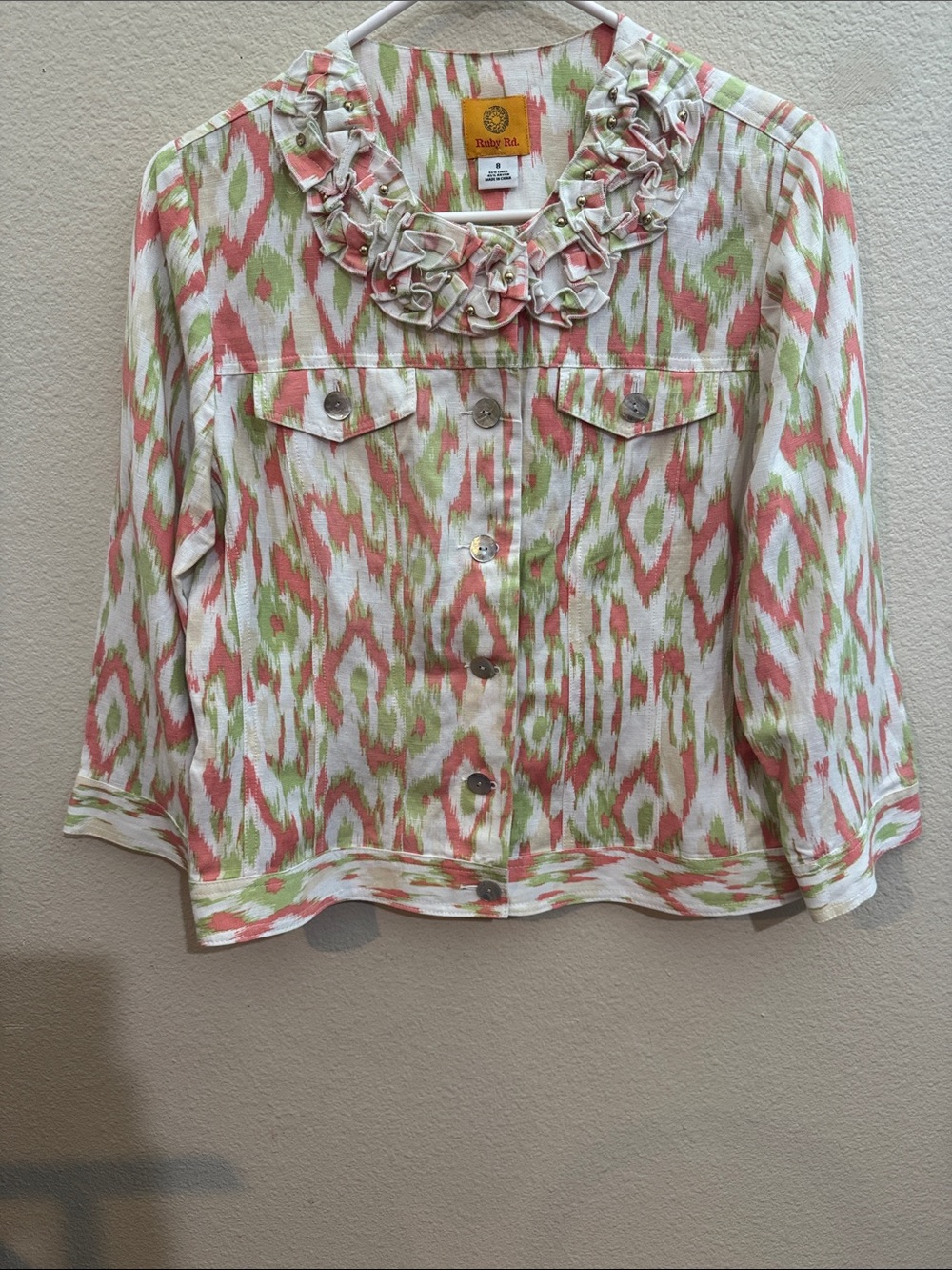 Ruby Rd. Coral and Green Printed Linen Blend Jacket